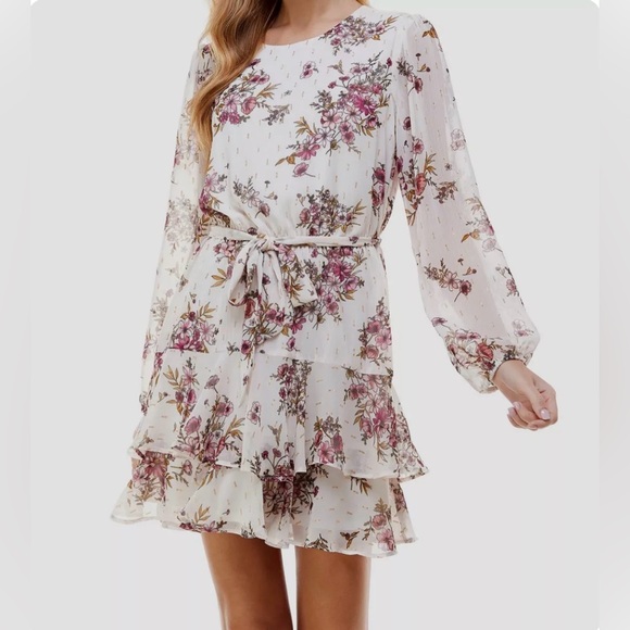City Studio Dresses & Skirts - CITY STUDIOS Mini Dress Floral Long Shear Sleeves Tiered Skirt SZ XL NWOT